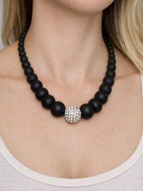 Lia Sophia Necklace Matte Black Graduated Bead Rhinestone Statment Whimsical